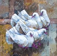Iqbal Durrani, Feathery Friends - 18 x 18 in - Oil on Canvas, Figurative Painting, AC-IQD-143